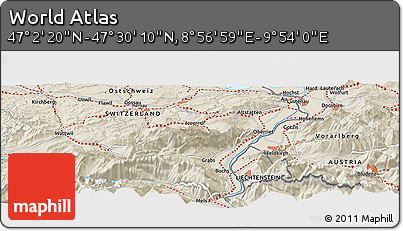 Shaded Relief Panoramic Map of the Area around 47° 16' 15" N, 9° 25' 30" E