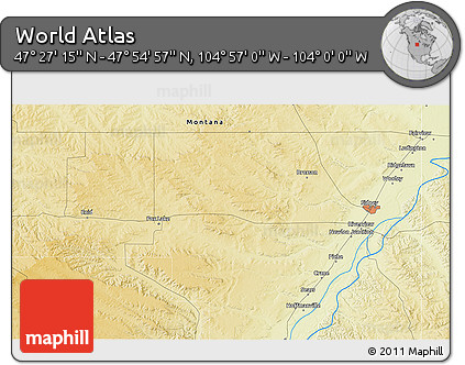 Physical 3D Map of the Area around 47° 41' 6" N, 104° 28' 29" W