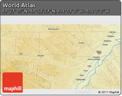 Physical 3D Map of the Area around 47° 41' 6" N, 104° 28' 29" W