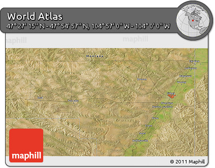 Satellite 3D Map of the Area around 47° 41' 6" N, 104° 28' 29" W