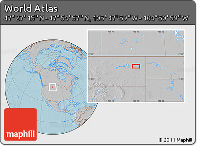 Gray Location Map of the Area around 47° 41' 6" N, 105° 19' 29" W, hill shading