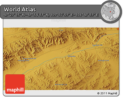 Physical 3D Map of the Area around 47° 41' 6" N, 106° 19' 29" E