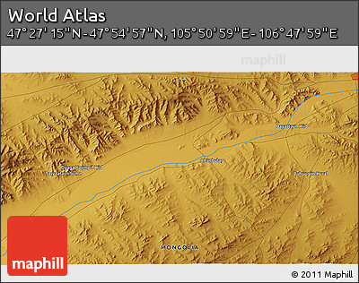 Physical 3D Map of the Area around 47° 41' 6" N, 106° 19' 29" E