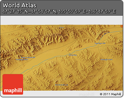 Physical 3D Map of the Area around 47° 41' 6" N, 106° 19' 29" E