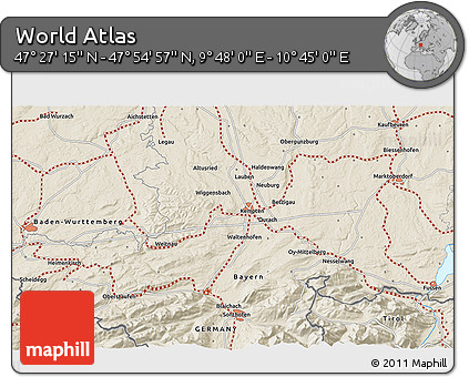 Shaded Relief 3D Map of the Area around 47° 41' 6" N, 10° 16' 30" E