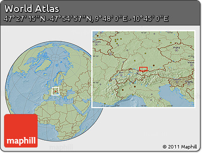 Savanna Style Location Map of the Area around 47° 41' 6" N, 10° 16' 30" E, hill shading