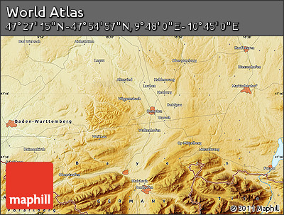 Physical Map of the Area around 47° 41' 6" N, 10° 16' 30" E