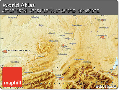 Physical Map of the Area around 47° 41' 6" N, 10° 16' 30" E