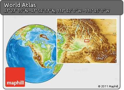 Physical Location Map of the Area around 47° 41' 6" N, 117° 13' 29" W