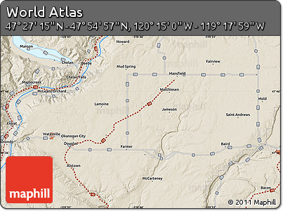 Shaded Relief Map of the Area around 47° 41' 6" N, 119° 46' 30" W
