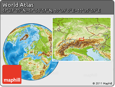 Physical Location Map of the Area around 47° 41' 6" N, 11° 7' 30" E