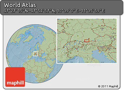 Savanna Style Location Map of the Area around 47° 41' 6" N, 11° 7' 30" E, hill shading
