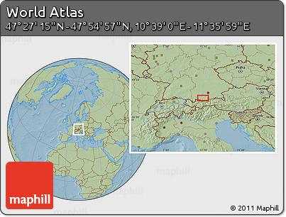 Savanna Style Location Map of the Area around 47° 41' 6" N, 11° 7' 30" E, hill shading