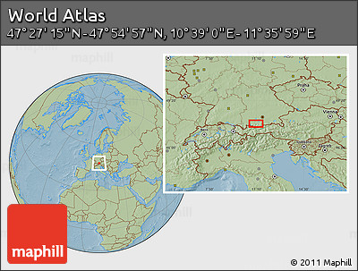Savanna Style Location Map of the Area around 47° 41' 6" N, 11° 7' 30" E, hill shading