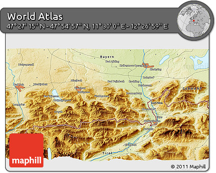 Physical 3D Map of the Area around 47° 41' 6" N, 11° 58' 29" E