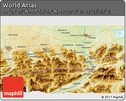 Physical 3D Map of the Area around 47° 41' 6" N, 11° 58' 29" E