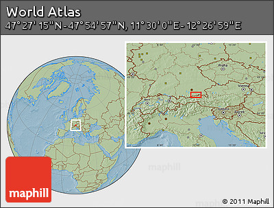 Savanna Style Location Map of the Area around 47° 41' 6" N, 11° 58' 29" E, hill shading