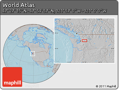 Gray Location Map of the Area around 47° 41' 6" N, 121° 28' 29" W, hill shading