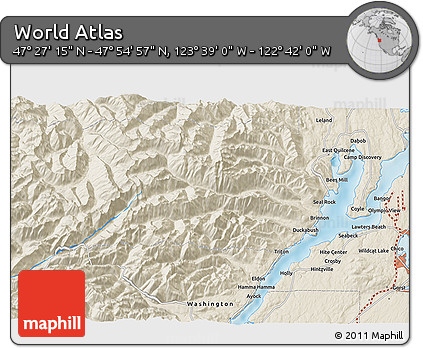 Shaded Relief 3D Map of the Area around 47° 41' 6" N, 123° 10' 30" W