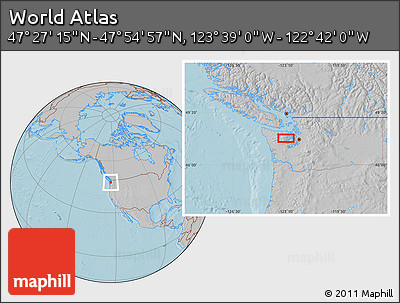 Gray Location Map of the Area around 47° 41' 6" N, 123° 10' 30" W, hill shading