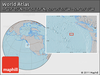 Gray Location Map of the Area around 47° 41' 6" N, 129° 7' 30" W, hill shading