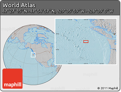 Gray Location Map of the Area around 47° 41' 6" N, 129° 7' 30" W, hill shading