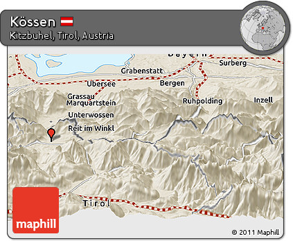Shaded Relief Panoramic Map of Kössen