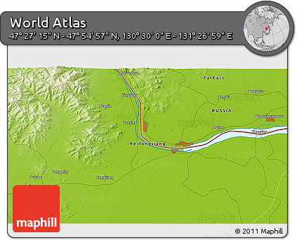 Physical 3D Map of the Area around 47° 41' 6" N, 130° 58' 29" E