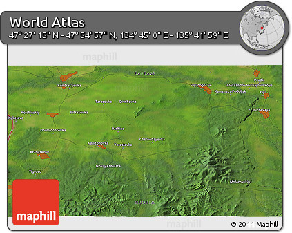 Satellite 3D Map of the Area around 47° 41' 6" N, 135° 13' 29" E