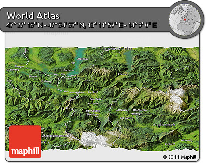 Satellite 3D Map of the Area around 47° 41' 6" N, 13° 40' 30" E