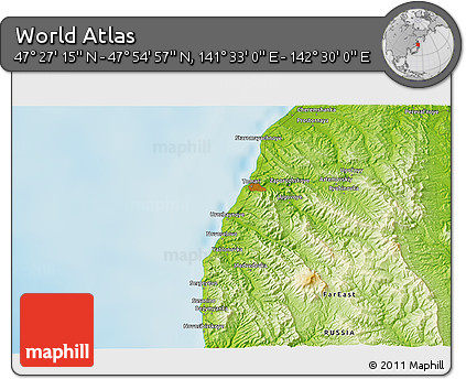 Physical 3D Map of the Area around 47° 41' 6" N, 142° 1' 30" E