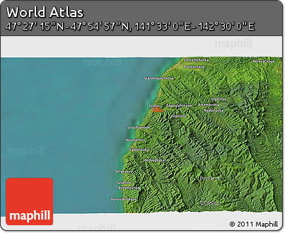 Satellite 3D Map of the Area around 47° 41' 6" N, 142° 1' 30" E
