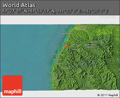 Satellite 3D Map of the Area around 47° 41' 6" N, 142° 1' 30" E