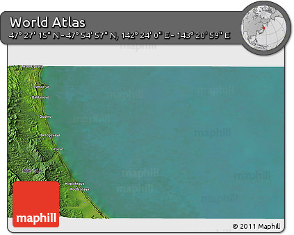 Satellite 3D Map of the Area around 47° 41' 6" N, 142° 52' 30" E
