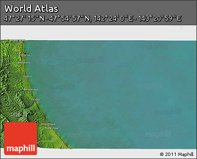 Satellite 3D Map of the Area around 47° 41' 6" N, 142° 52' 30" E