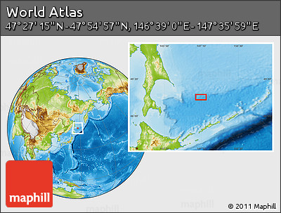 Physical Location Map of the Area around 47° 41' 6" N, 147° 7' 30" E