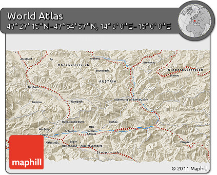 Shaded Relief 3D Map of the Area around 47° 41' 6" N, 14° 31' 30" E