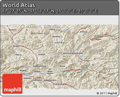 Shaded Relief 3D Map of the Area around 47° 41' 6" N, 14° 31' 30" E
