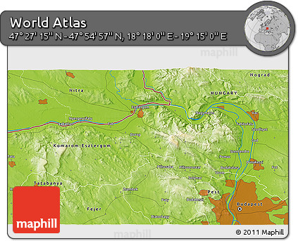 Physical 3D Map of the Area around 47° 41' 6" N, 18° 46' 29" E