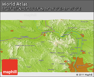 Physical 3D Map of the Area around 47° 41' 6" N, 18° 46' 29" E