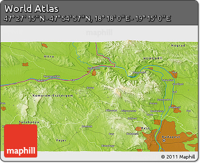 Physical 3D Map of the Area around 47° 41' 6" N, 18° 46' 29" E