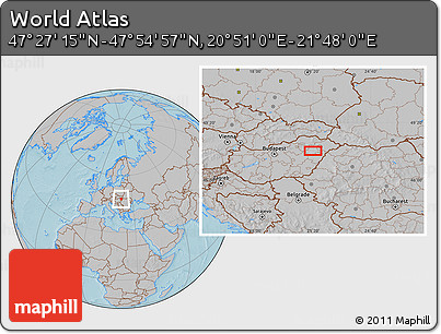 Gray Location Map of the Area around 47° 41' 6" N, 21° 19' 30" E, hill shading