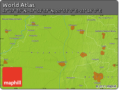 Physical Map of the Area around 47° 41' 6" N, 21° 19' 30" E