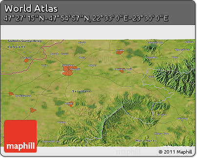 Satellite 3D Map of the Area around 47° 41' 6" N, 23° 1' 29" E