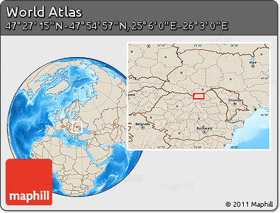 Shaded Relief Location Map of the Area around 47° 41' 6" N, 25° 34' 30" E