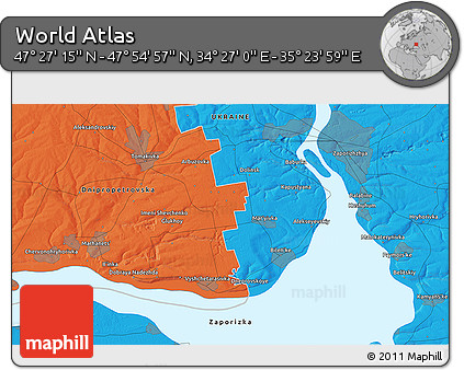 Political 3D Map of the Area around 47° 41' 6" N, 34° 55' 29" E