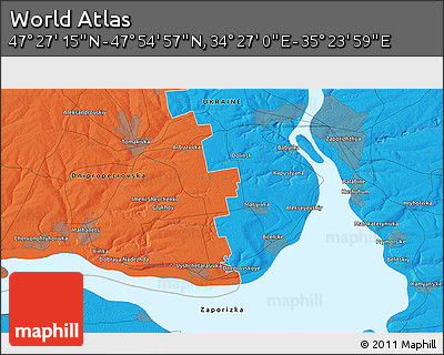 Political 3D Map of the Area around 47° 41' 6" N, 34° 55' 29" E