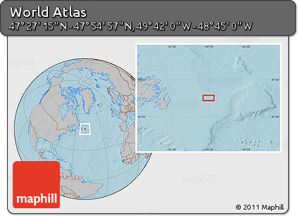 Gray Location Map of the Area around 47° 41' 6" N, 49° 13' 30" W, hill shading