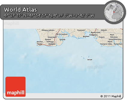 Shaded Relief 3D Map of the Area around 47° 41' 6" N, 4° 10' 30" W