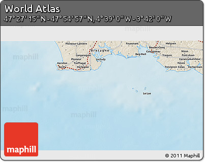 Shaded Relief 3D Map of the Area around 47° 41' 6" N, 4° 10' 30" W